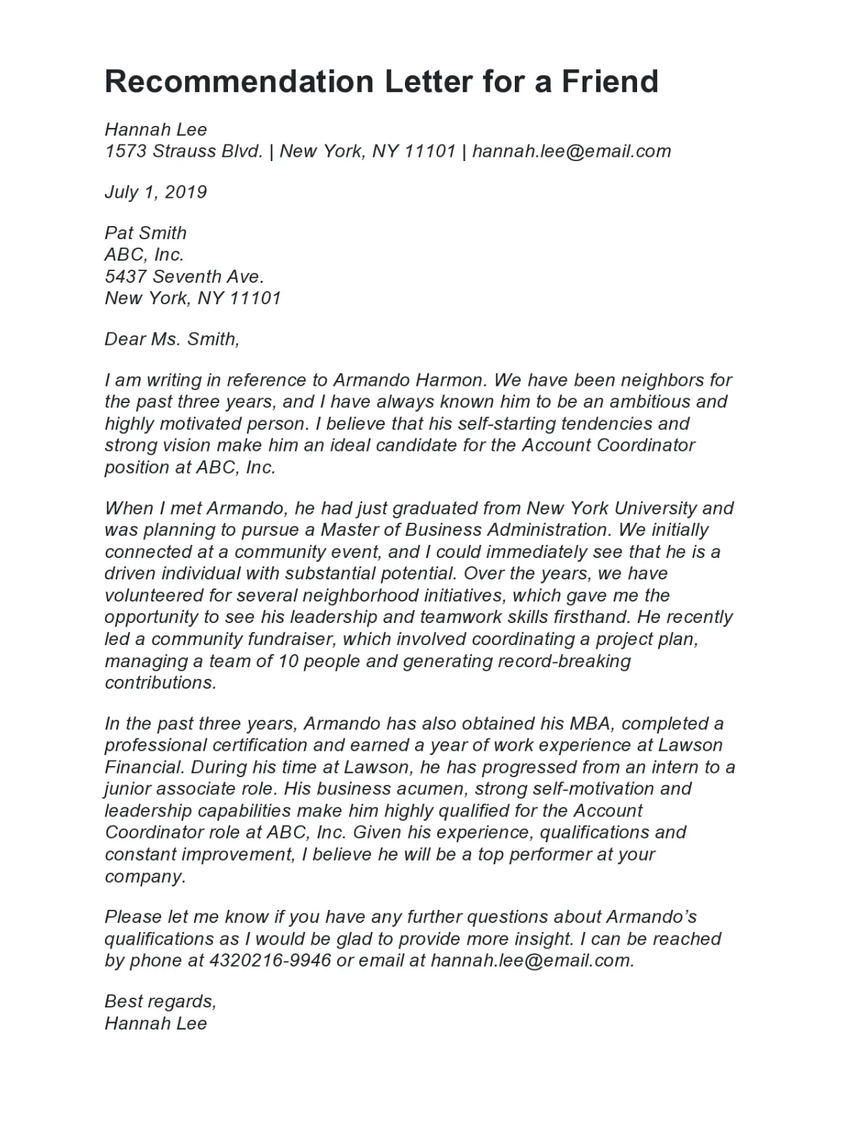 Personal reference letter for a friend template infoupdate