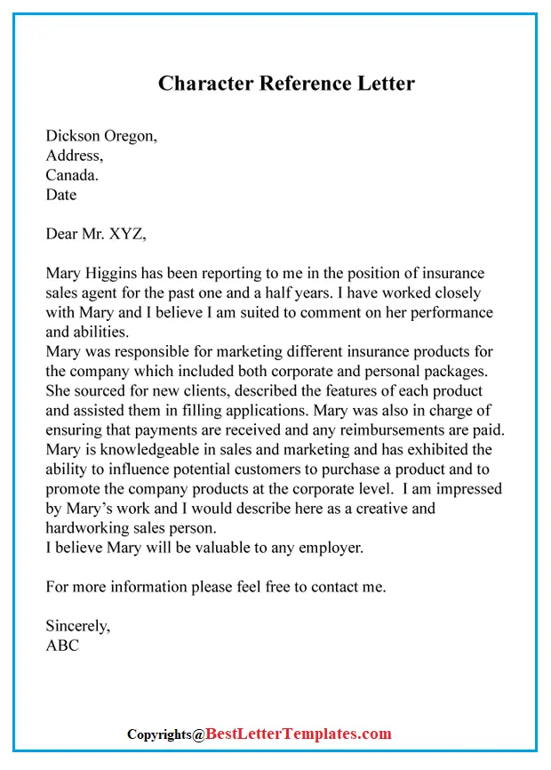 Character Reference Letter To Court - Cover Letter