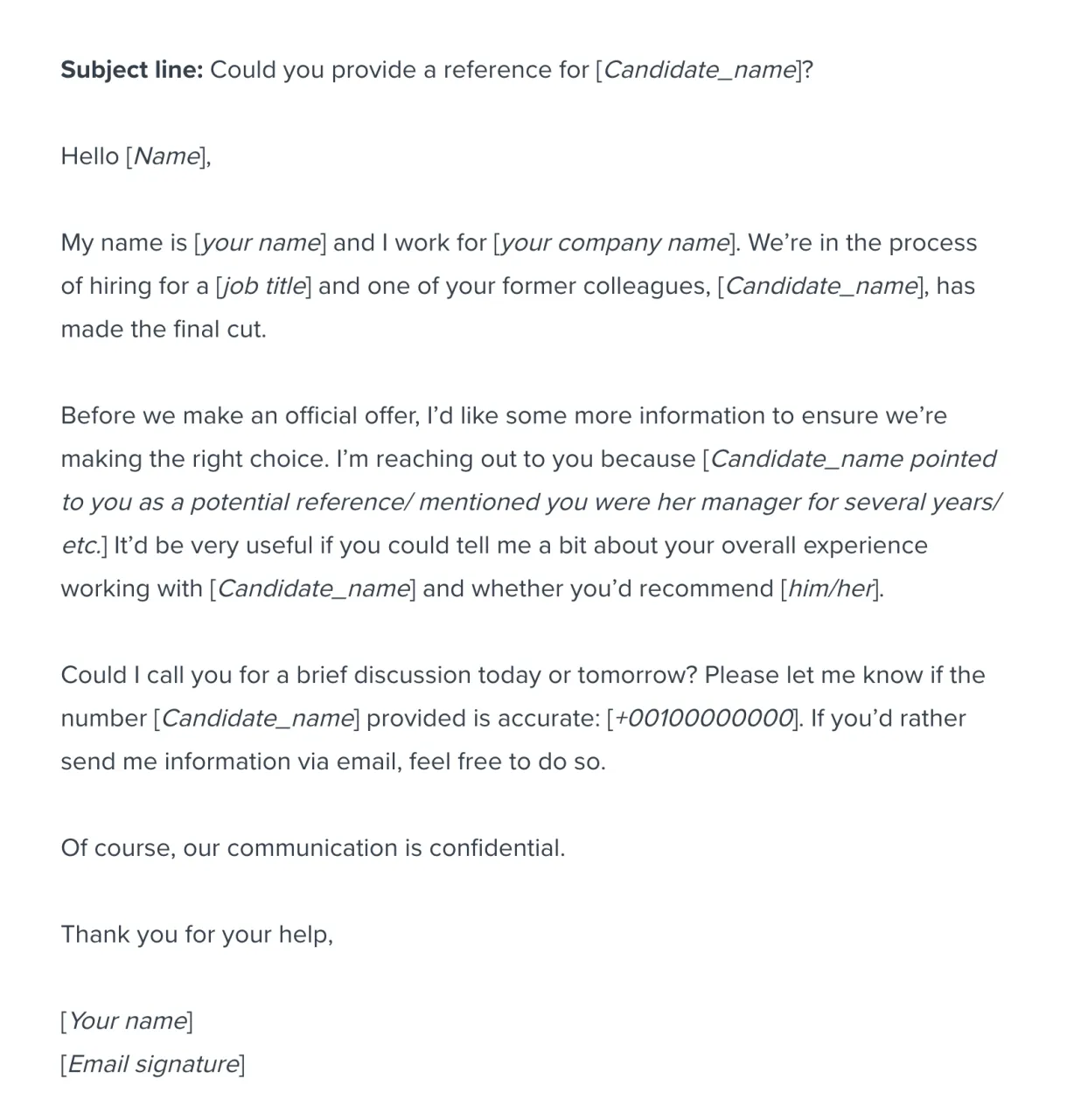 Reference check request email template