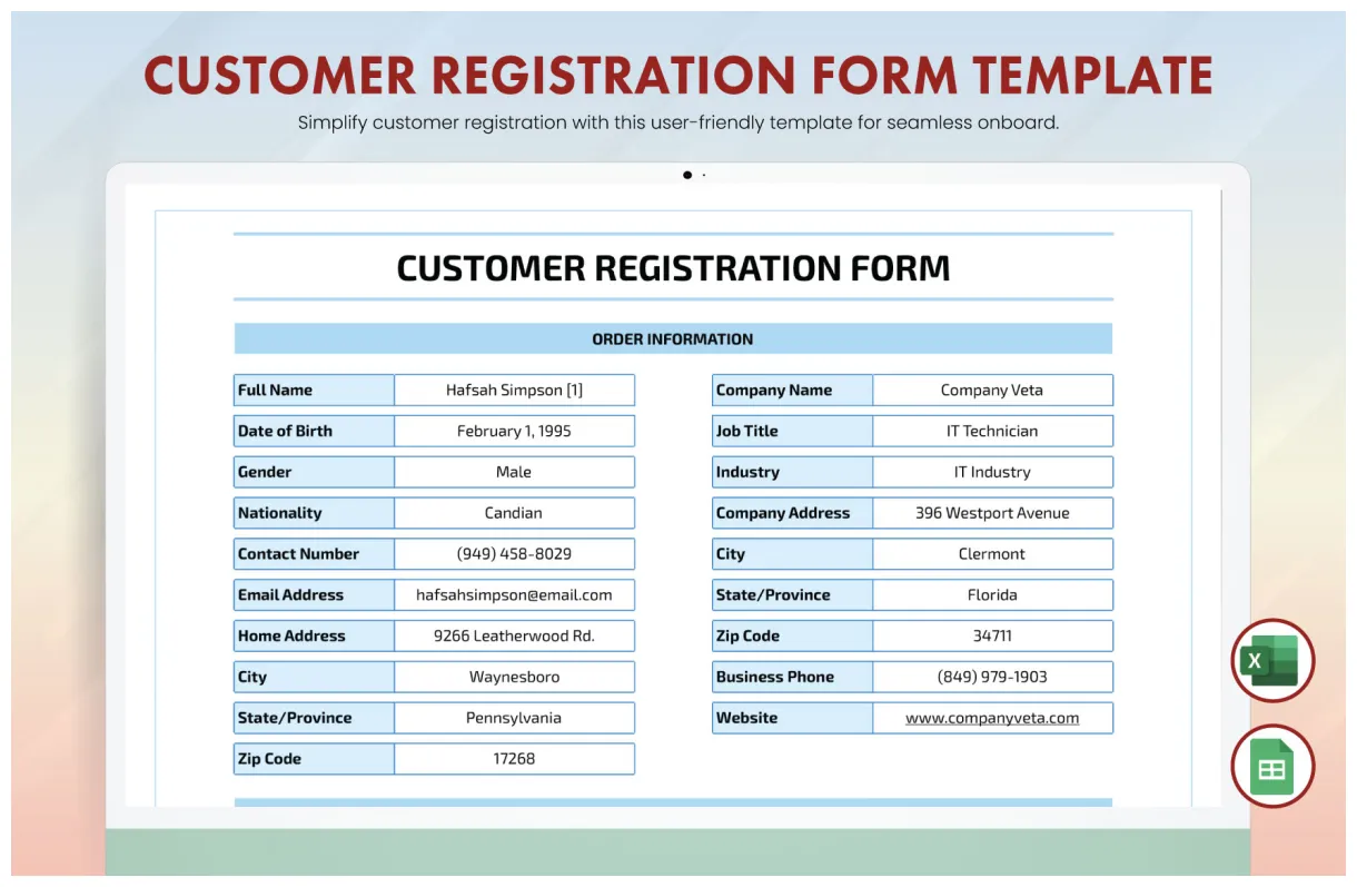 Registration Form Template in Excel, Google Sheets - Download