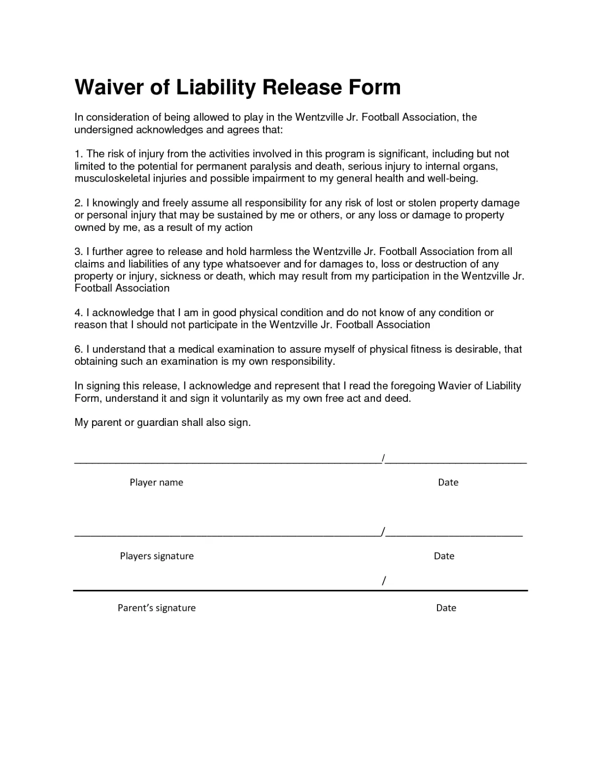 Release liability waiver free printable documents