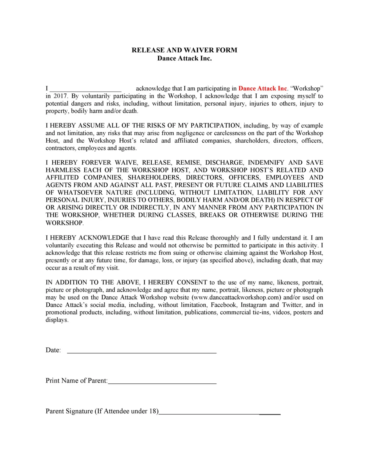 Business liability waiver template
