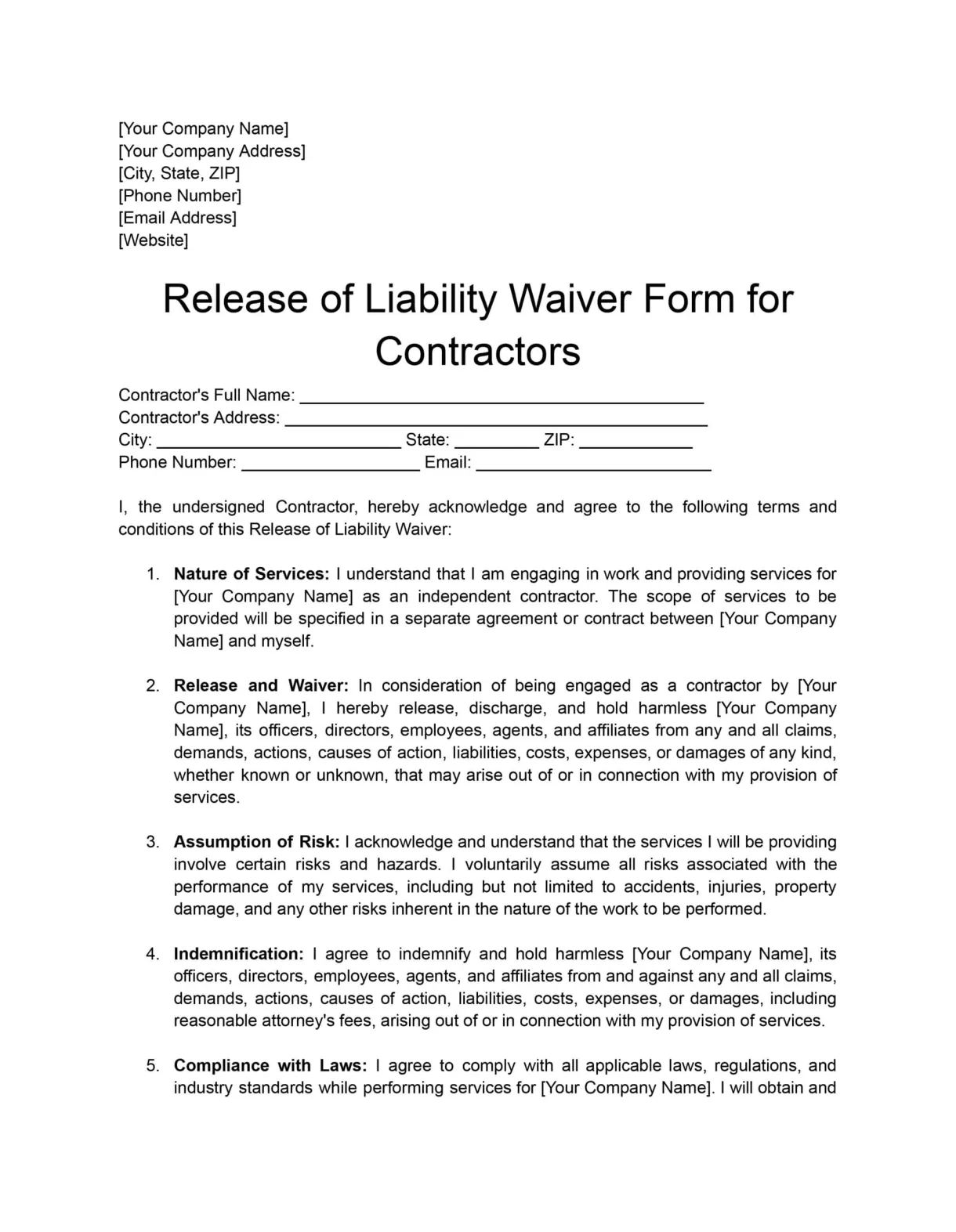 Liability waiver release form printable printable forms free online