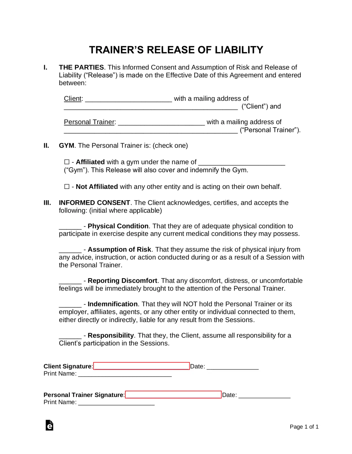 Free personal training contract template pdf word eforms
