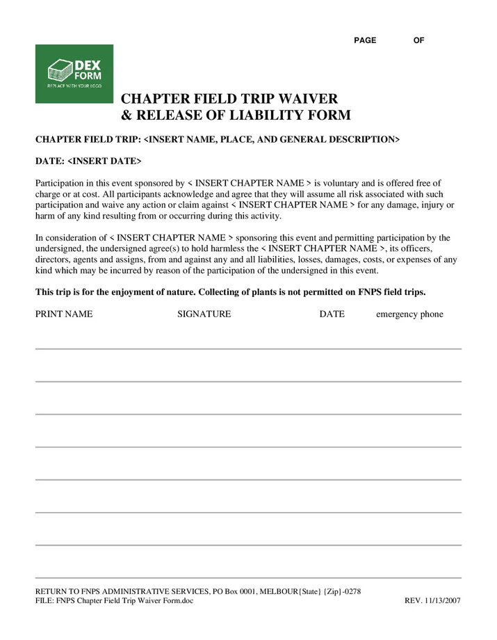 Field trip waiver & release of liability form in word and pdf formats