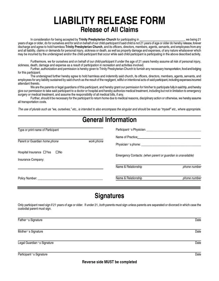 Free printable liability release waiver form form generic