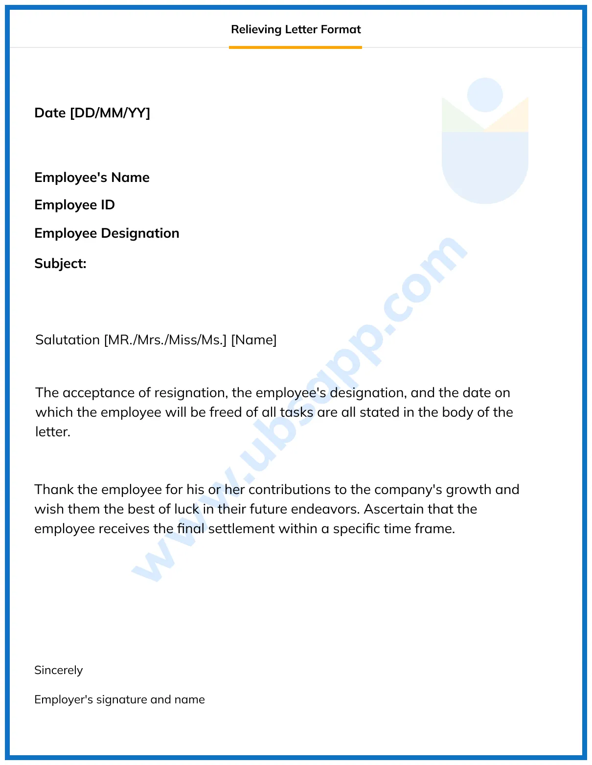 Format of relieving letter