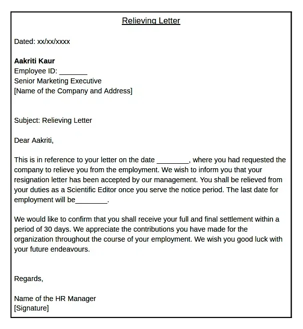 What is a relieving letter sample format and examples