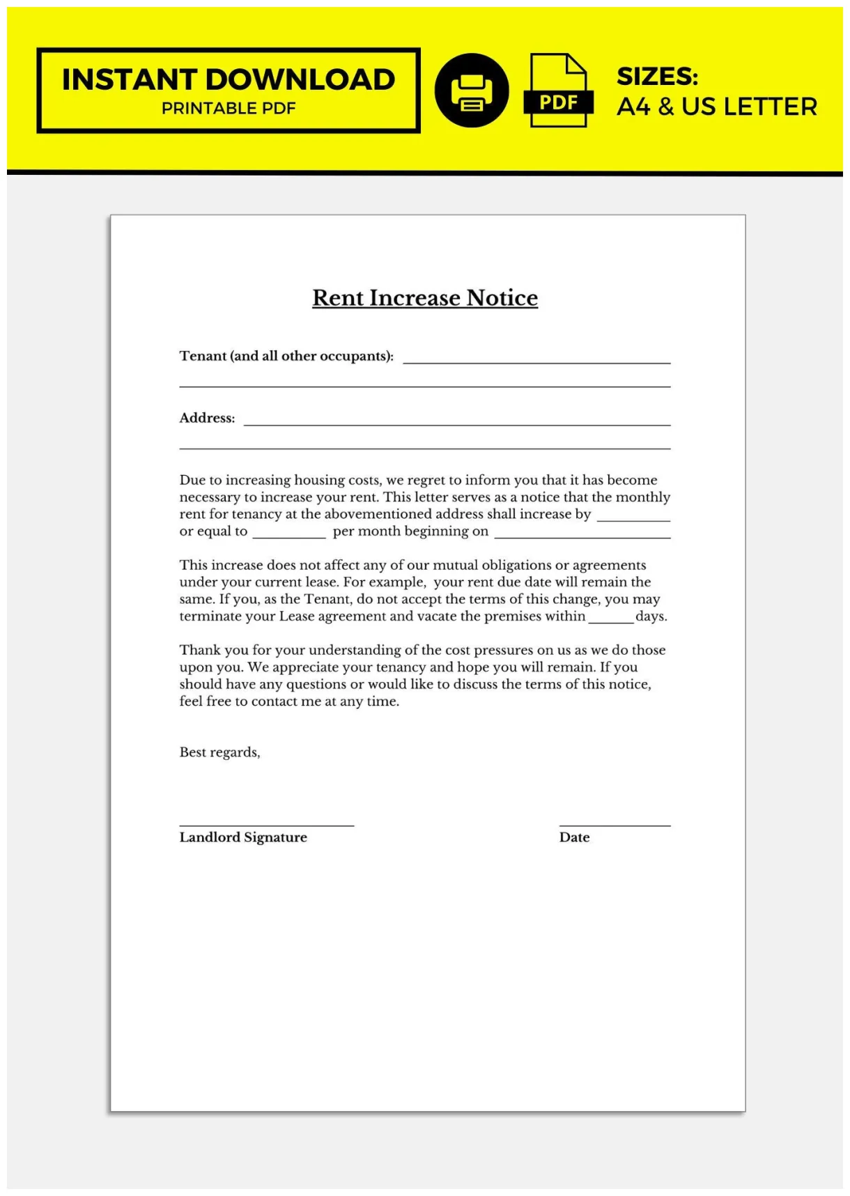 Rent increase form, rent increase letter