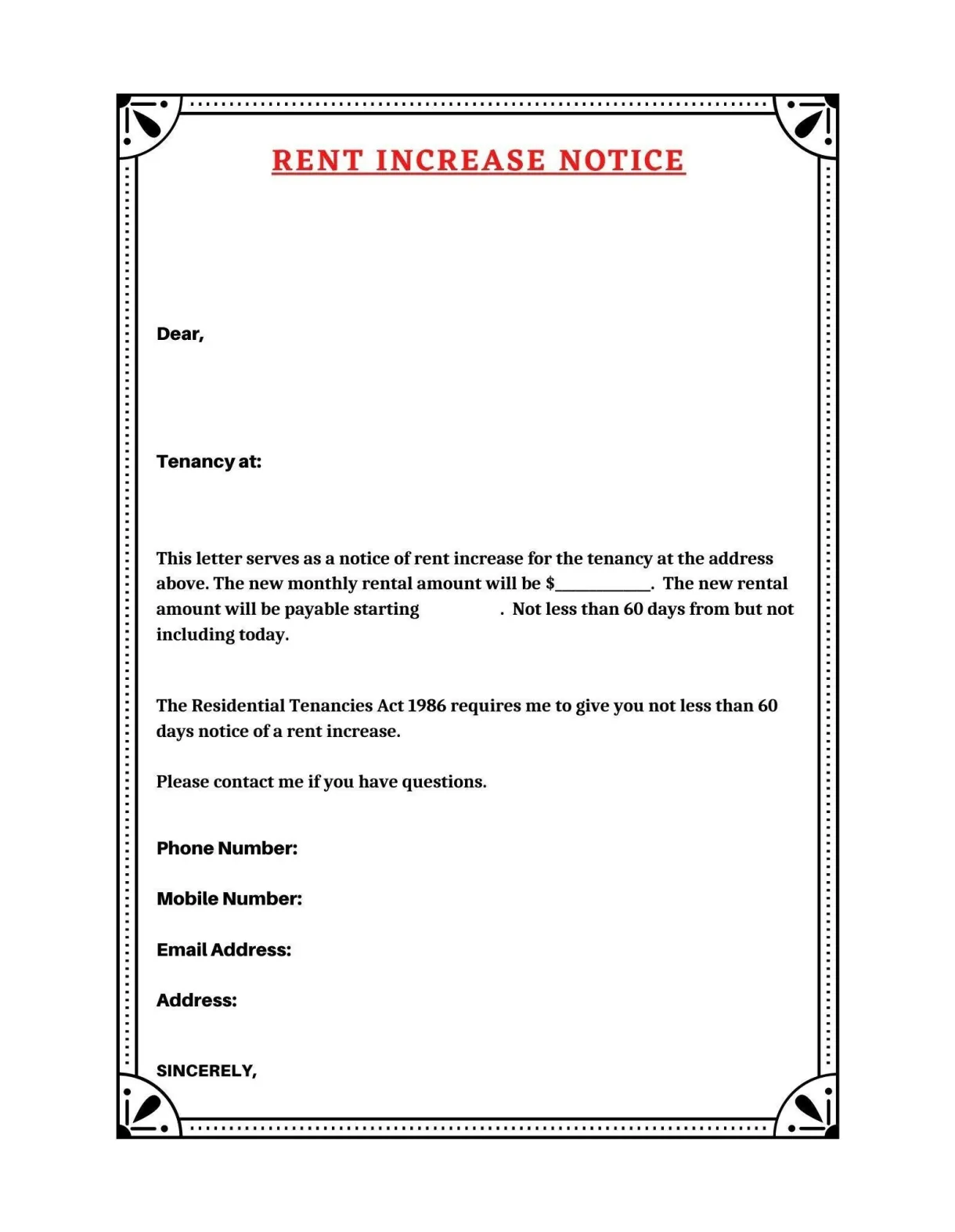 Form rent increase form increase rent notice
