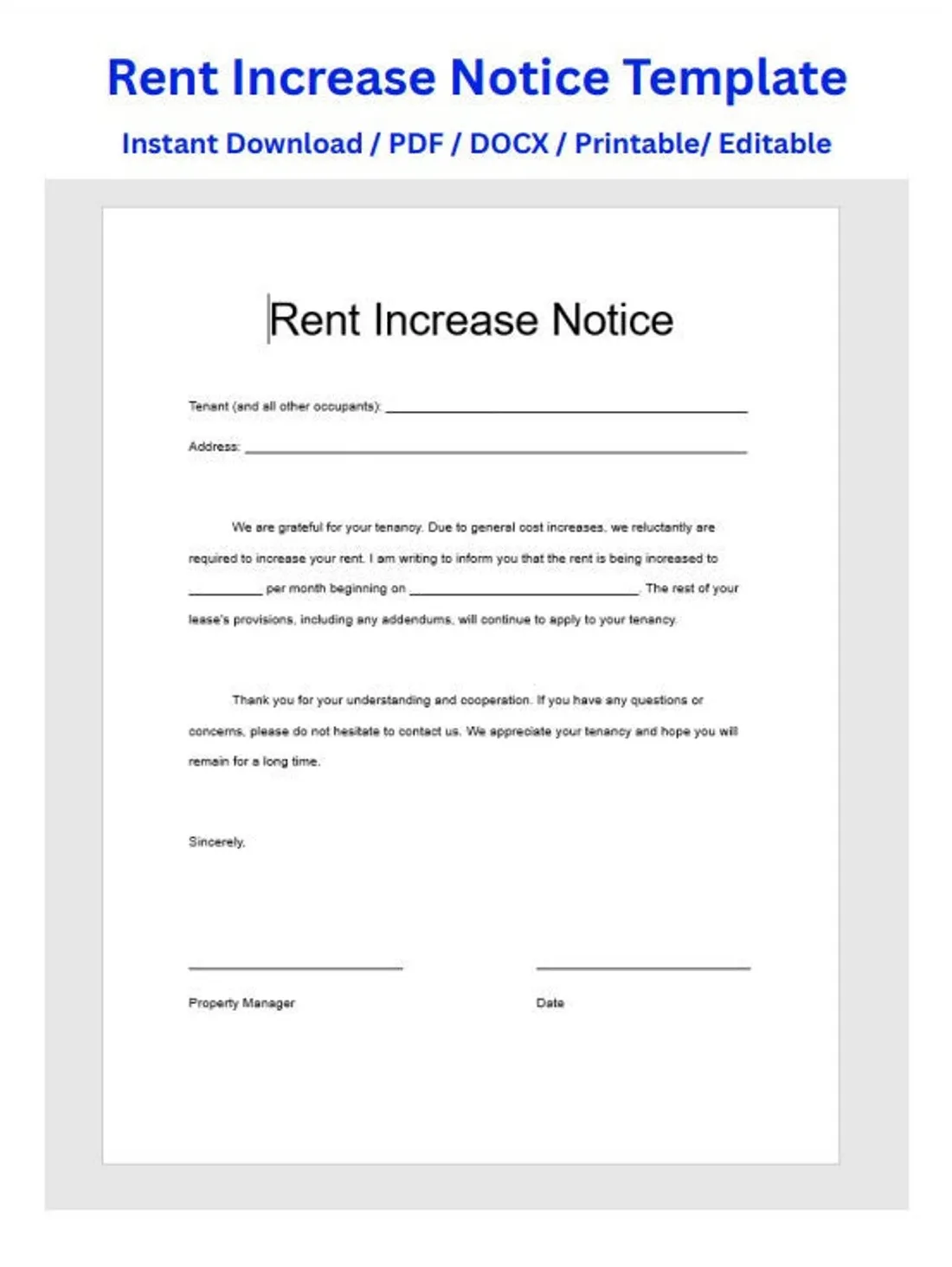 Rent increase form, rent increase letter, rent