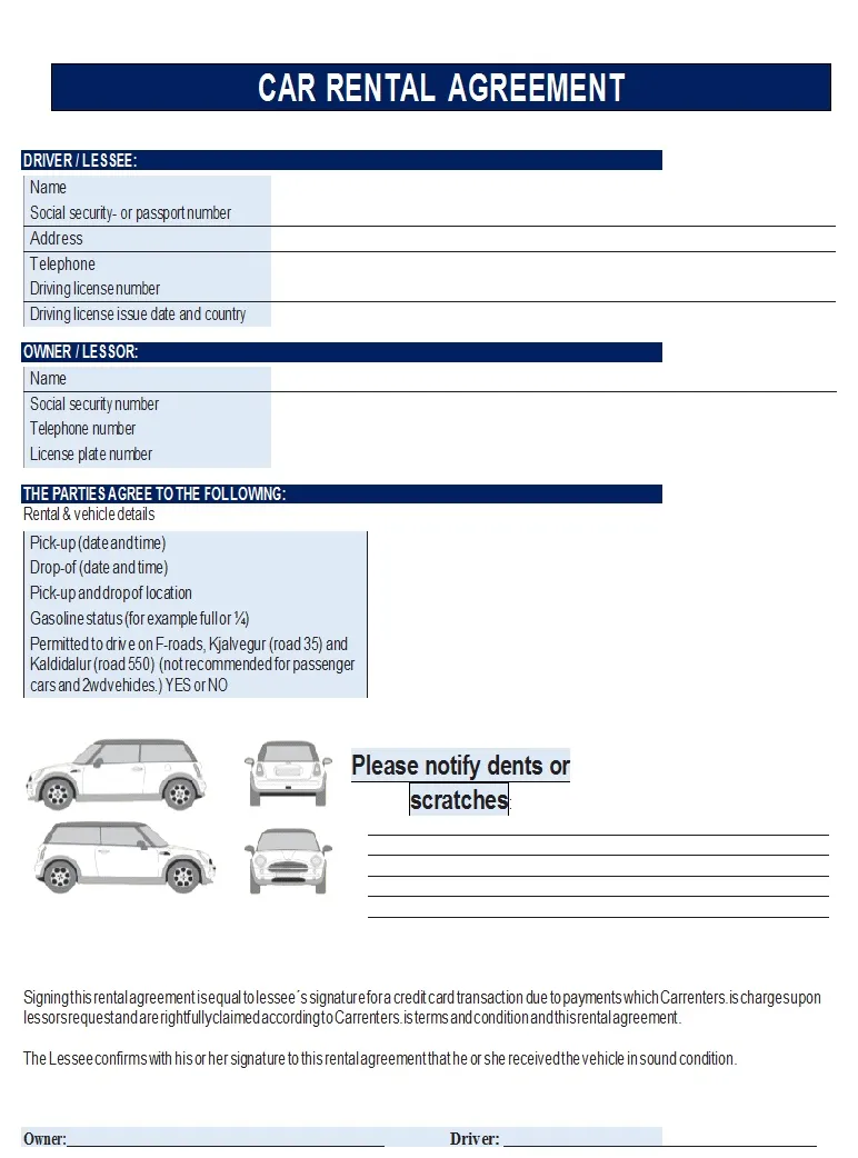 Car rental forms & agreement templates free report templates
