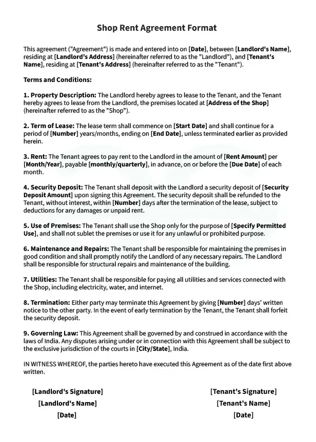 Shop rent agreement format and example geeksforgeeks