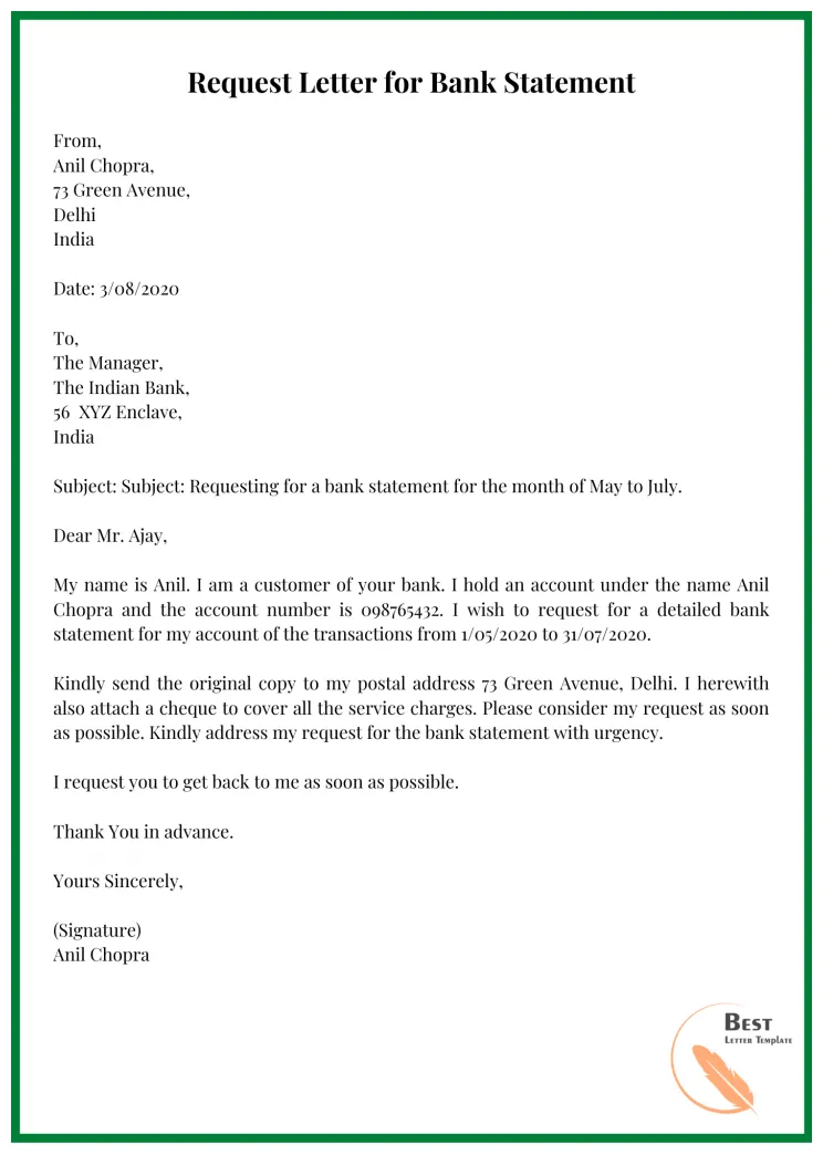 4+ free sample bank statement request letter template