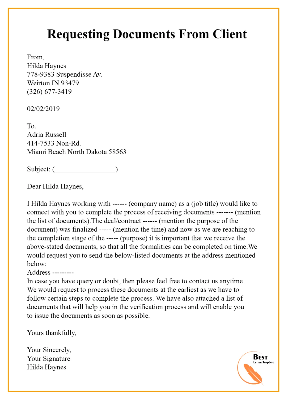 Sample request letter template for documents with example