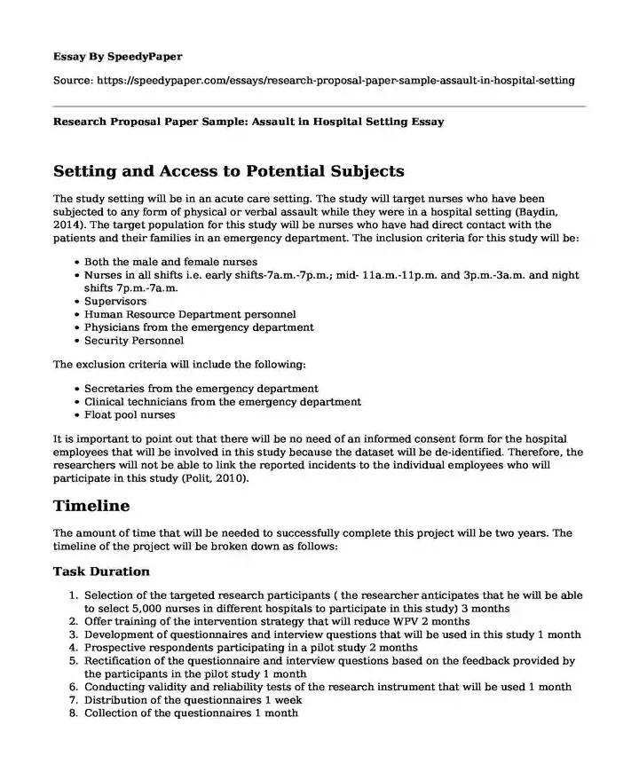 📗 Research Proposal Paper Sample: Assault in Hospital Setting