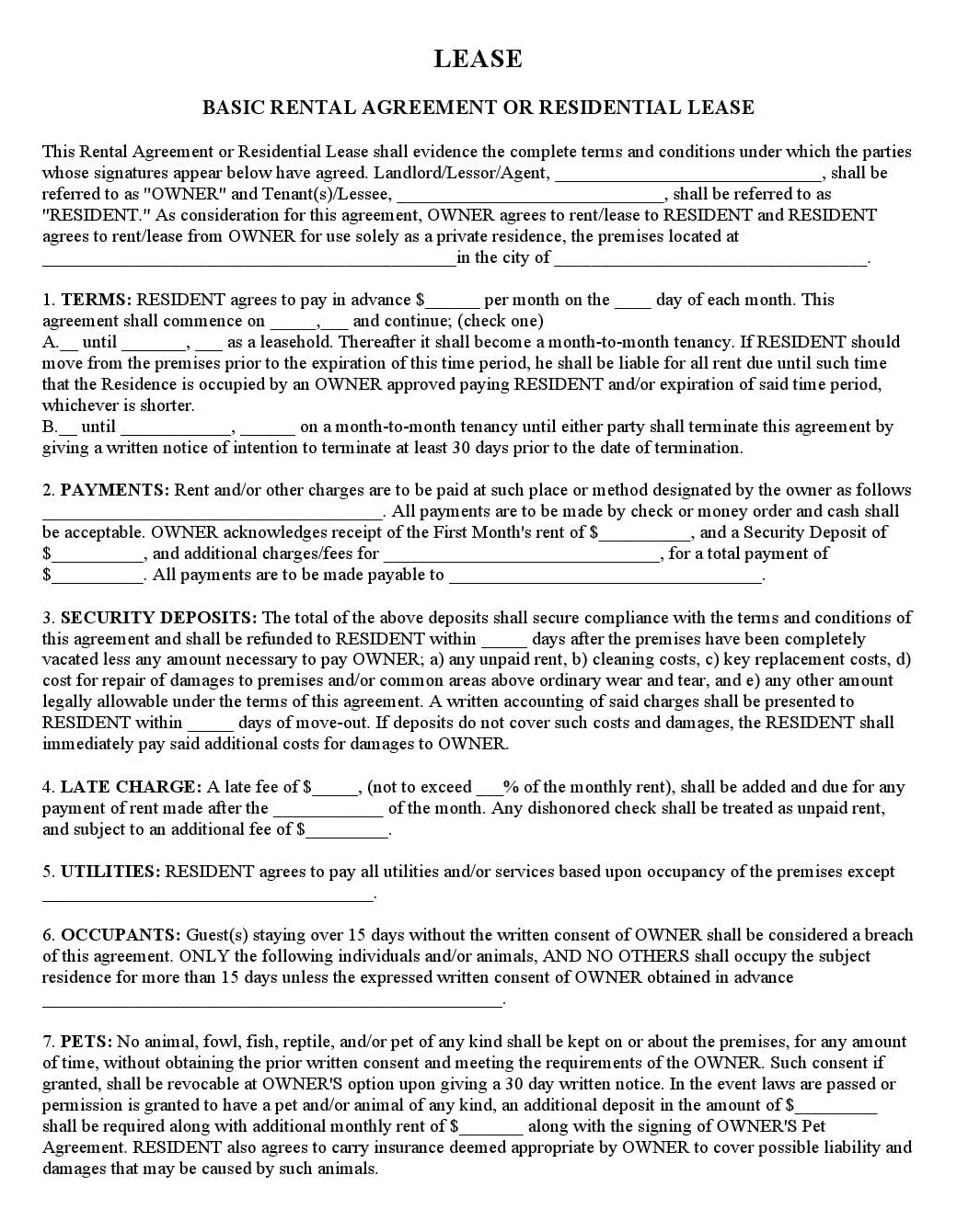 Download Free Basic Rental Agreement or Residential Lease - Printable