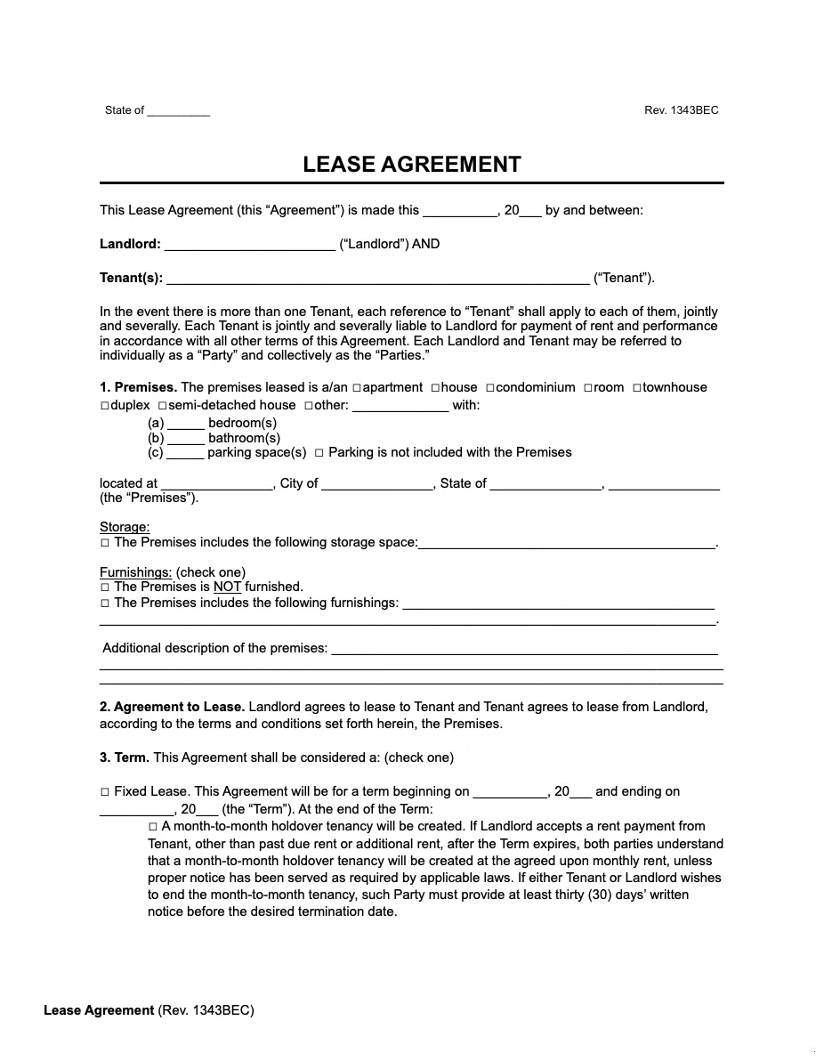 Free Standard Residential Lease Agreement Template | PDF & Word