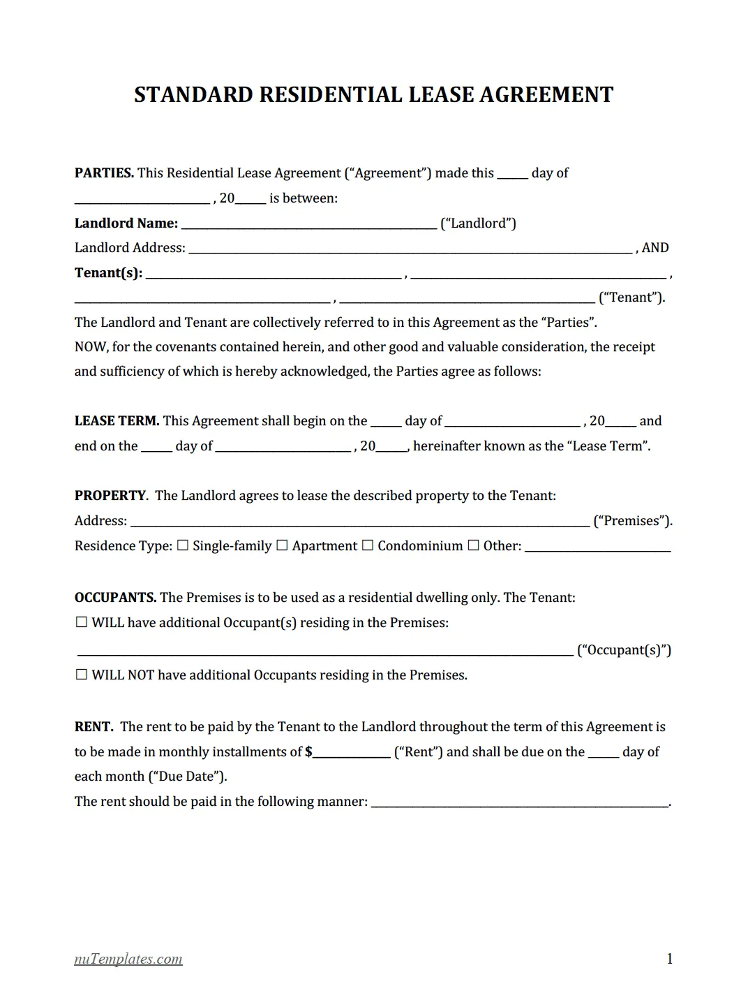 Residential Lease Agreement Template | nuTemplates