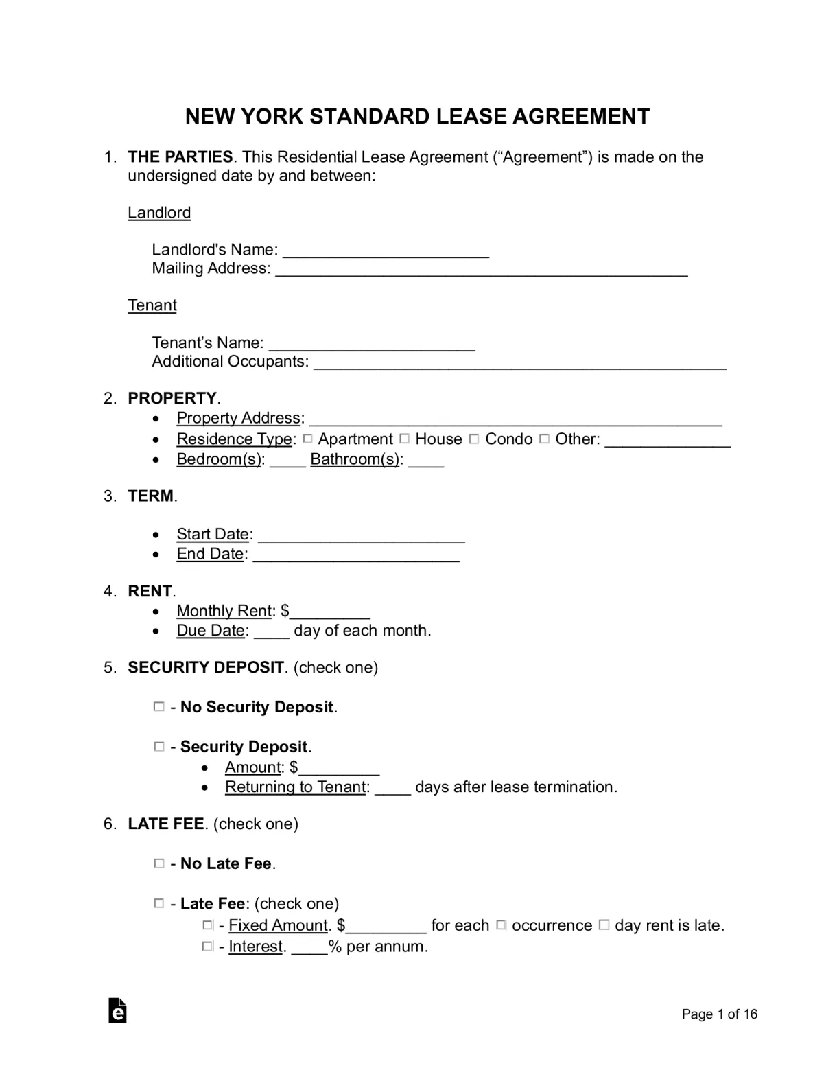 Free New York Standard Residential Lease Agreement Template - PDF