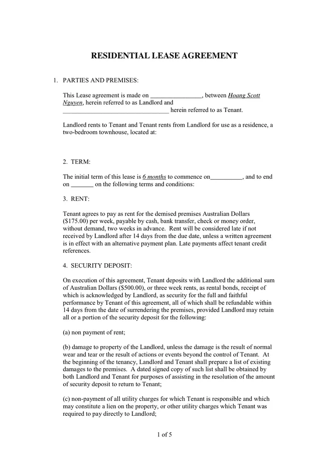 RESIDENTIAL LEASE AGREEMENT in Word and Pdf formats