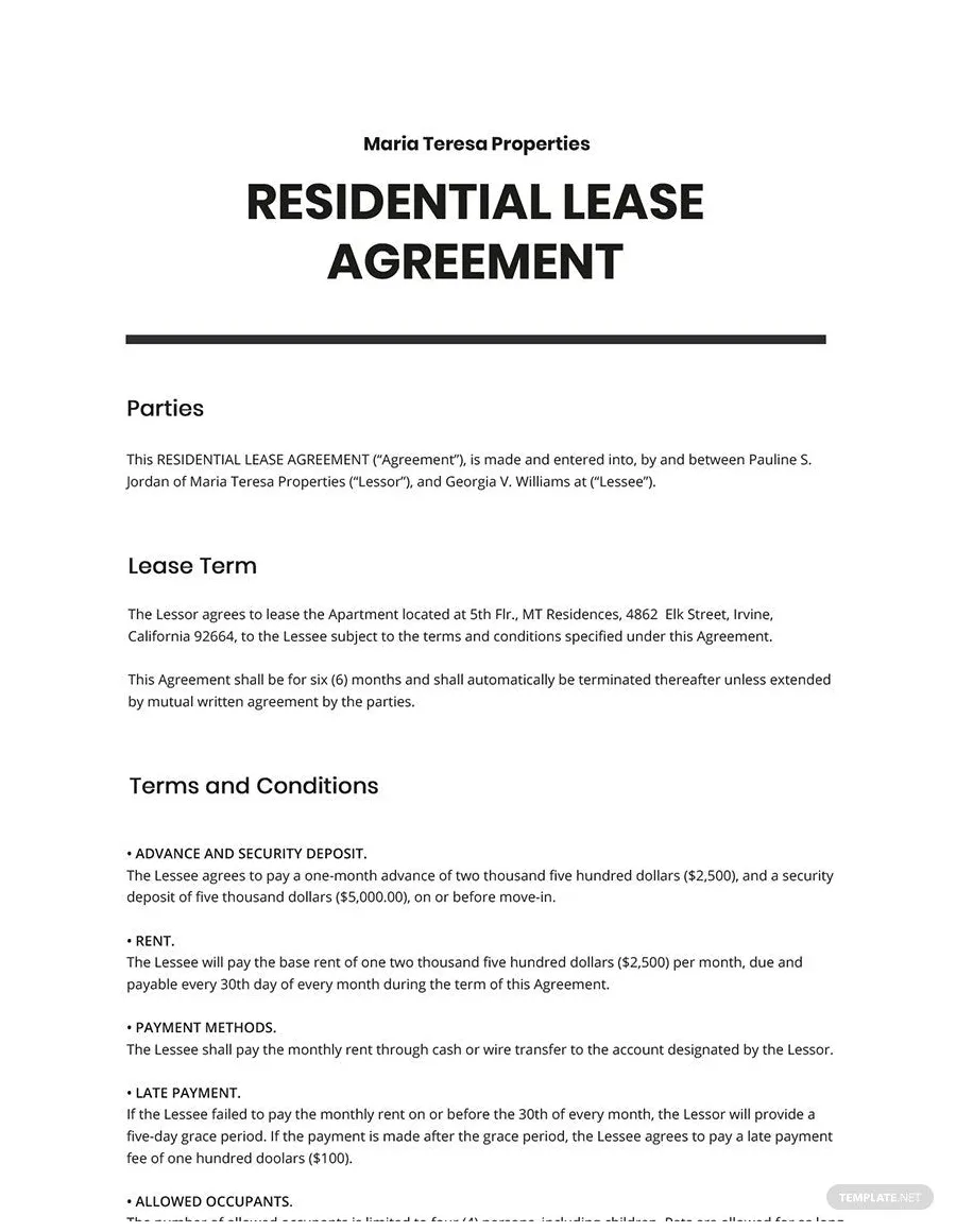 Standard Residential Lease Agreement Template - Word, Apple Pages