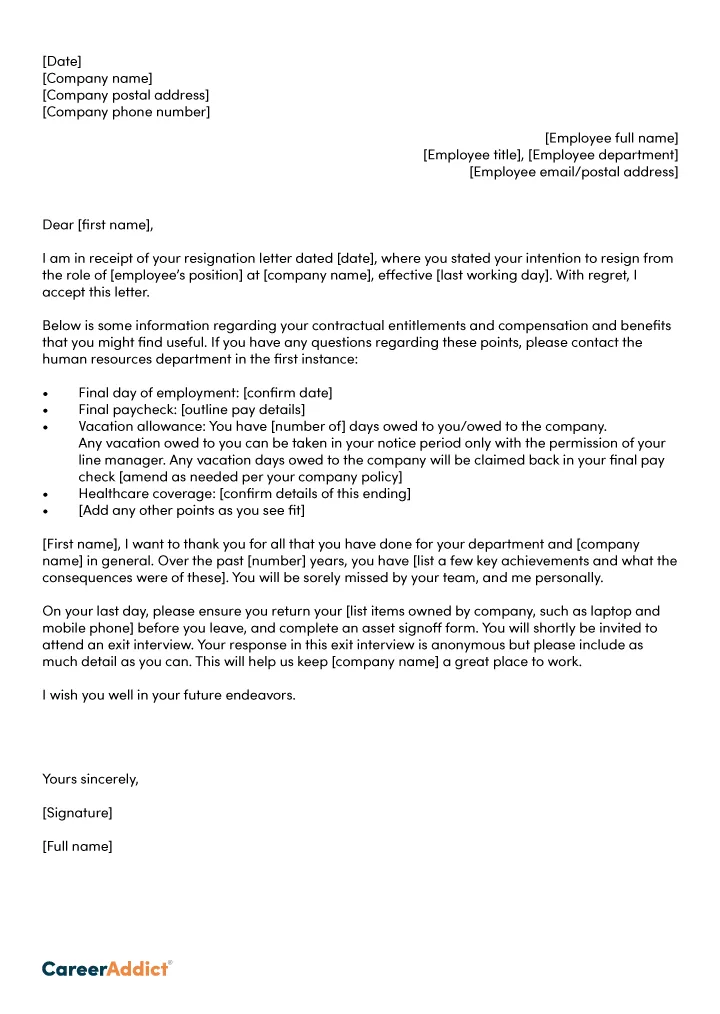 Accepting a resignation letter templates and top tips