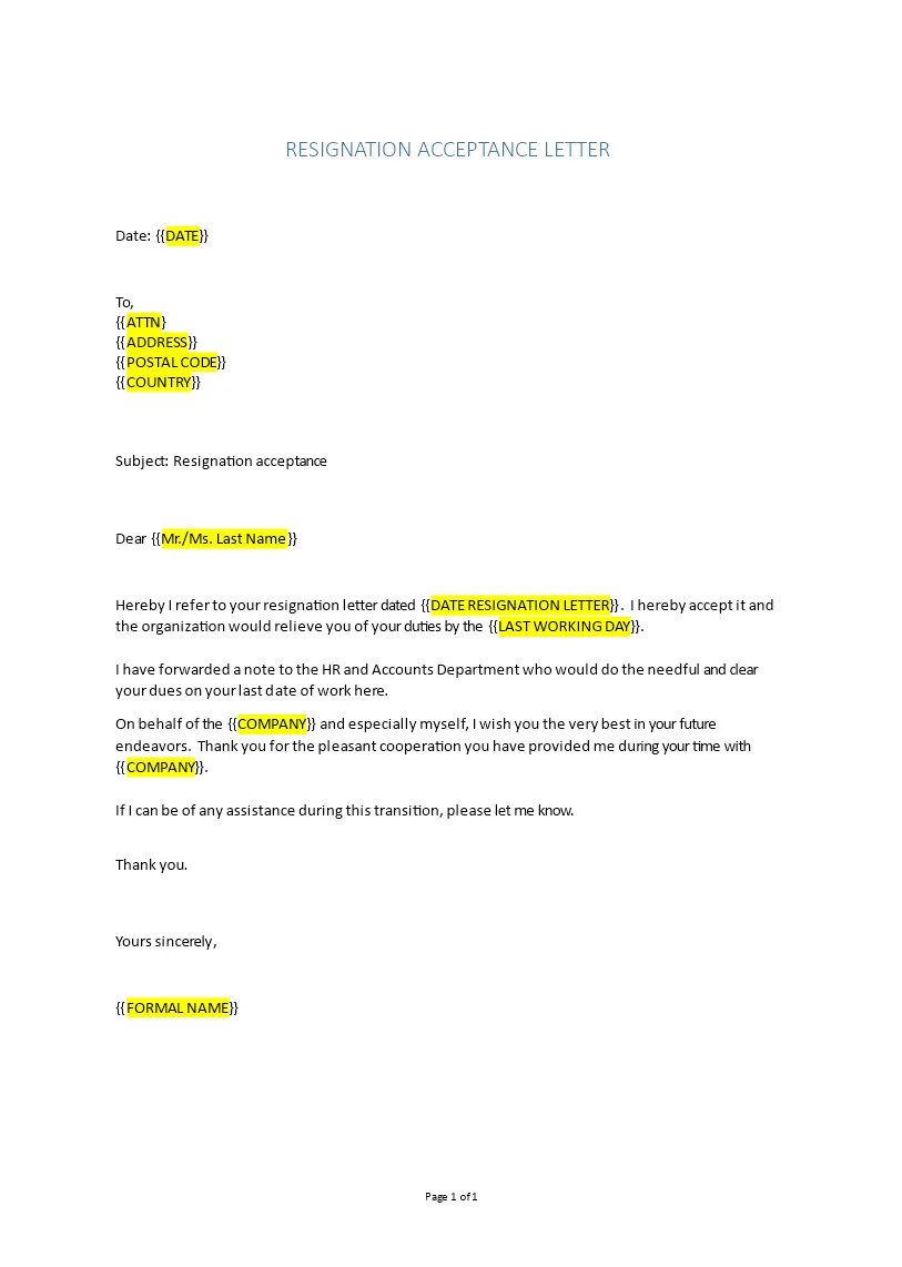 Sample letter for resignation acceptance business letter examples