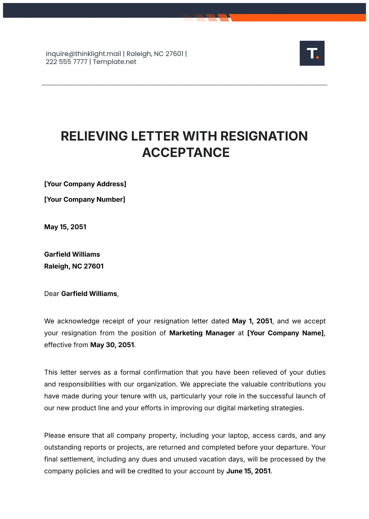 Free relieving letter with resignation acceptance template to edit online