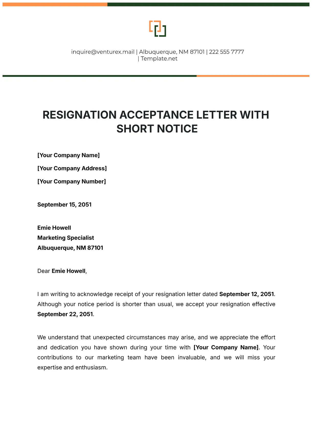 Free with short notice template to edit