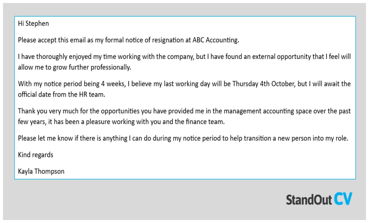 Example resignation letter uk