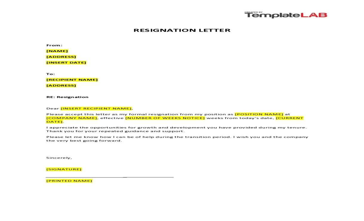 2 weeks notice letter example sample resignation letter free word