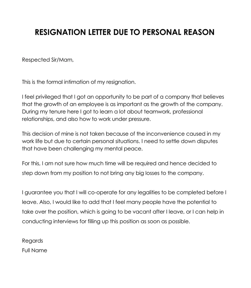 14 samples of resignation letter due to personal reasons