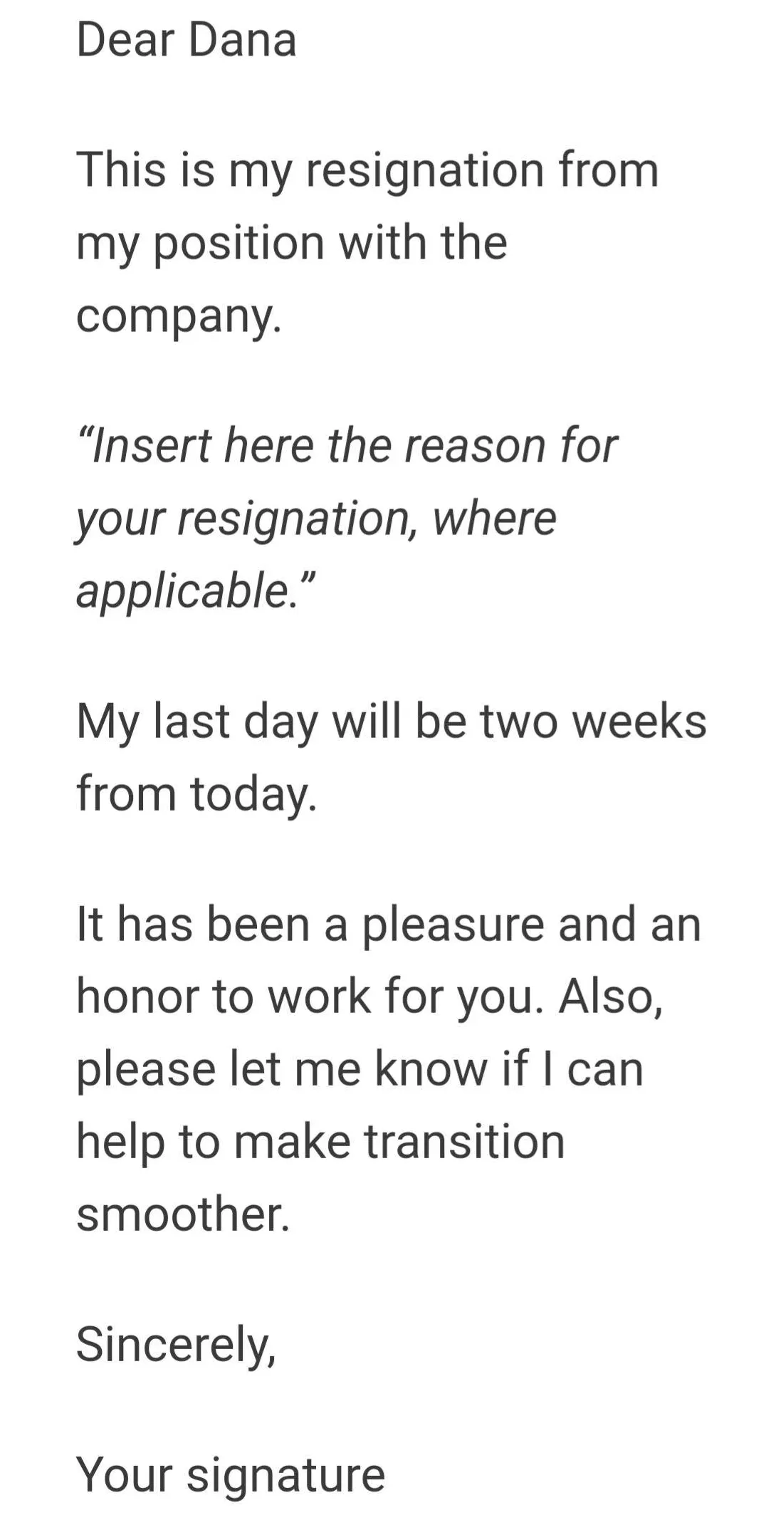 Resignation letter sample