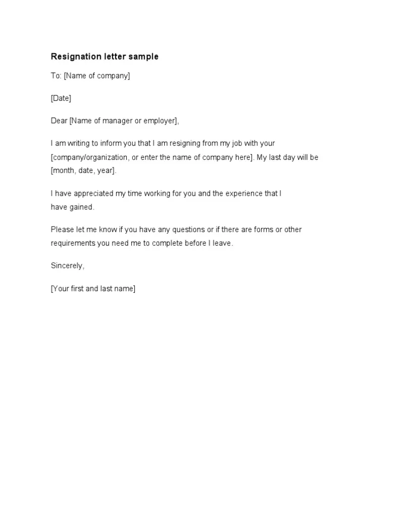 Sample resignation letter pdf business