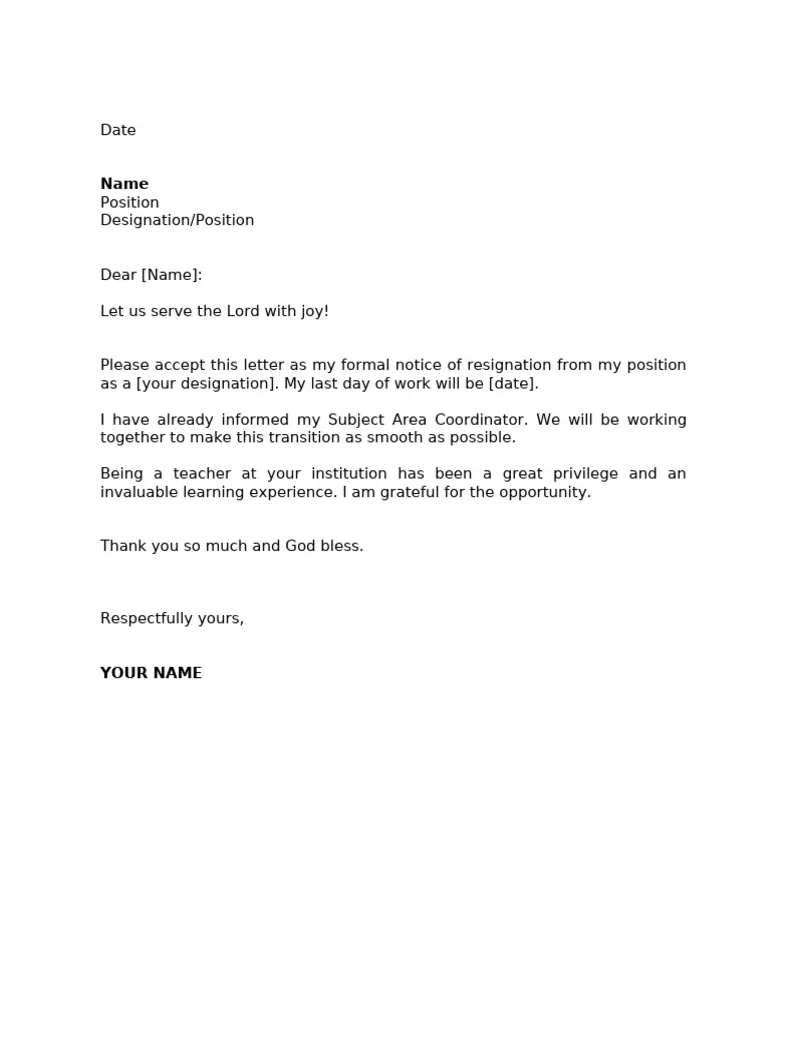 Sample resignation letter pdf