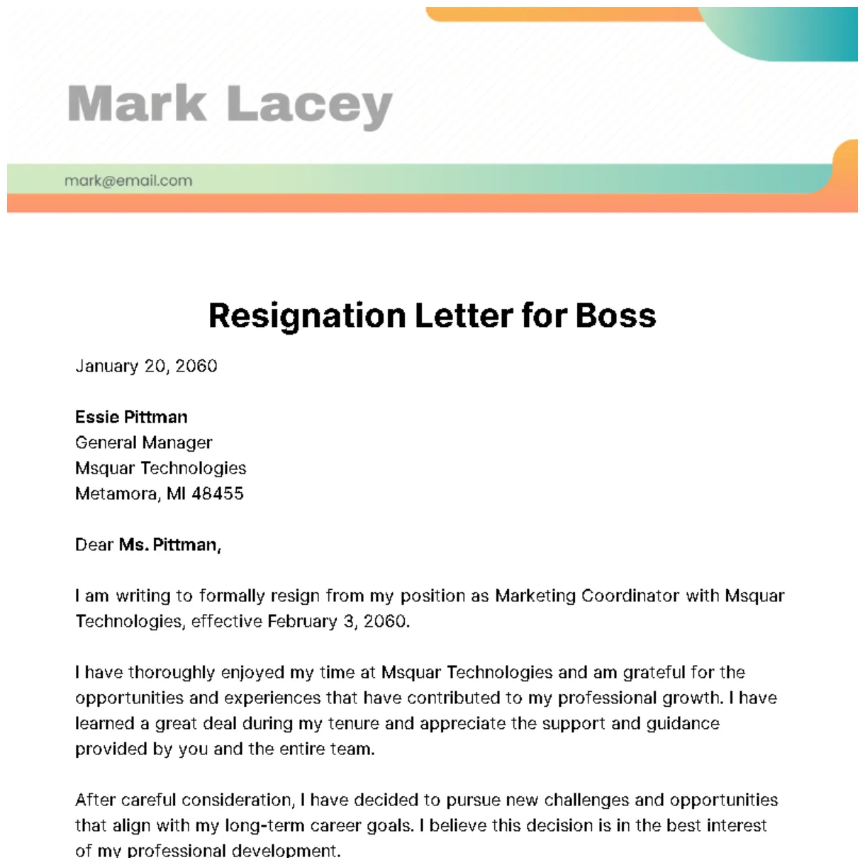 Free resignation letter for boss template to edit online