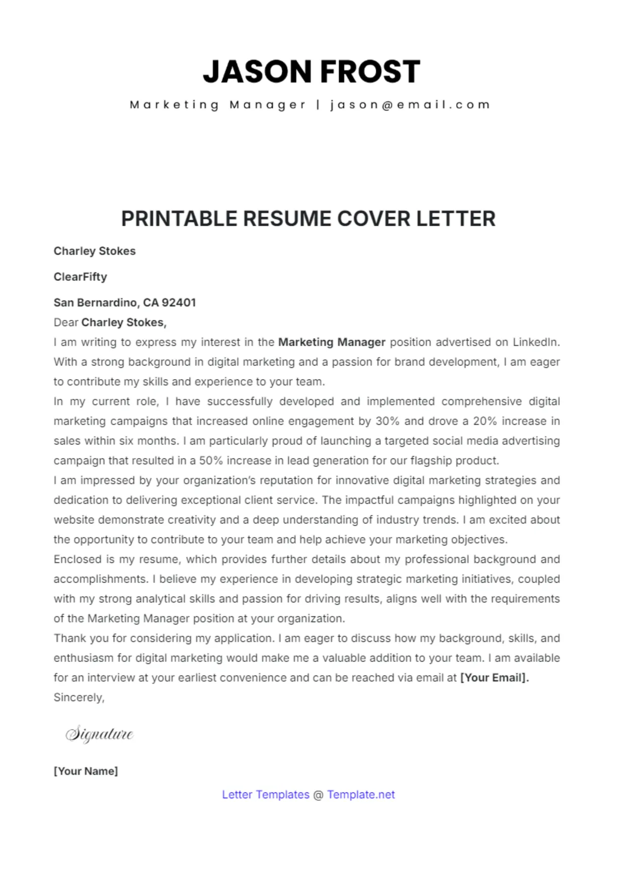 Free Printable Resume Cover Letter Template to Edit Online