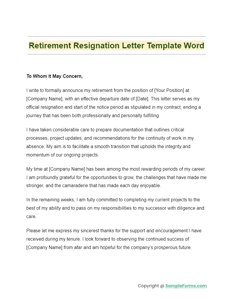 Resignation letter template 1 month notice retirement period