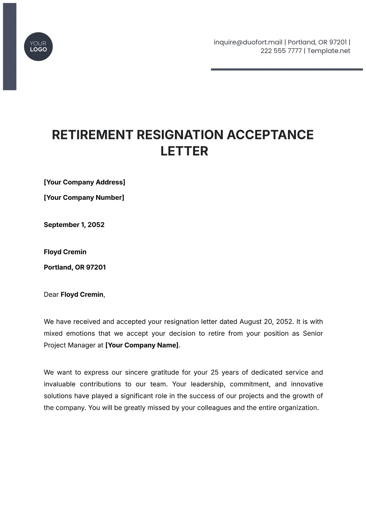 Free retirement resignation acceptance letter template to edit online