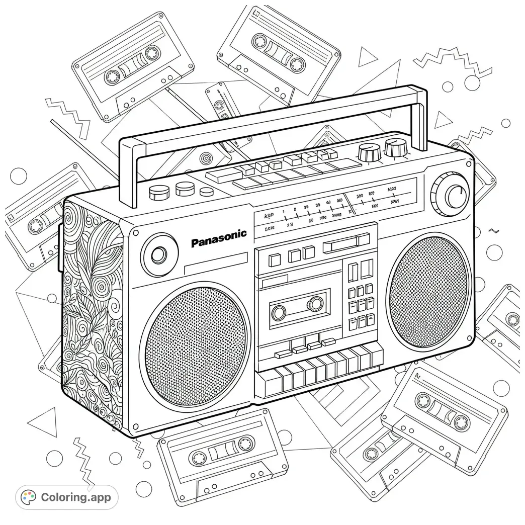 Retro boombox jams coloring.app printable coloring page