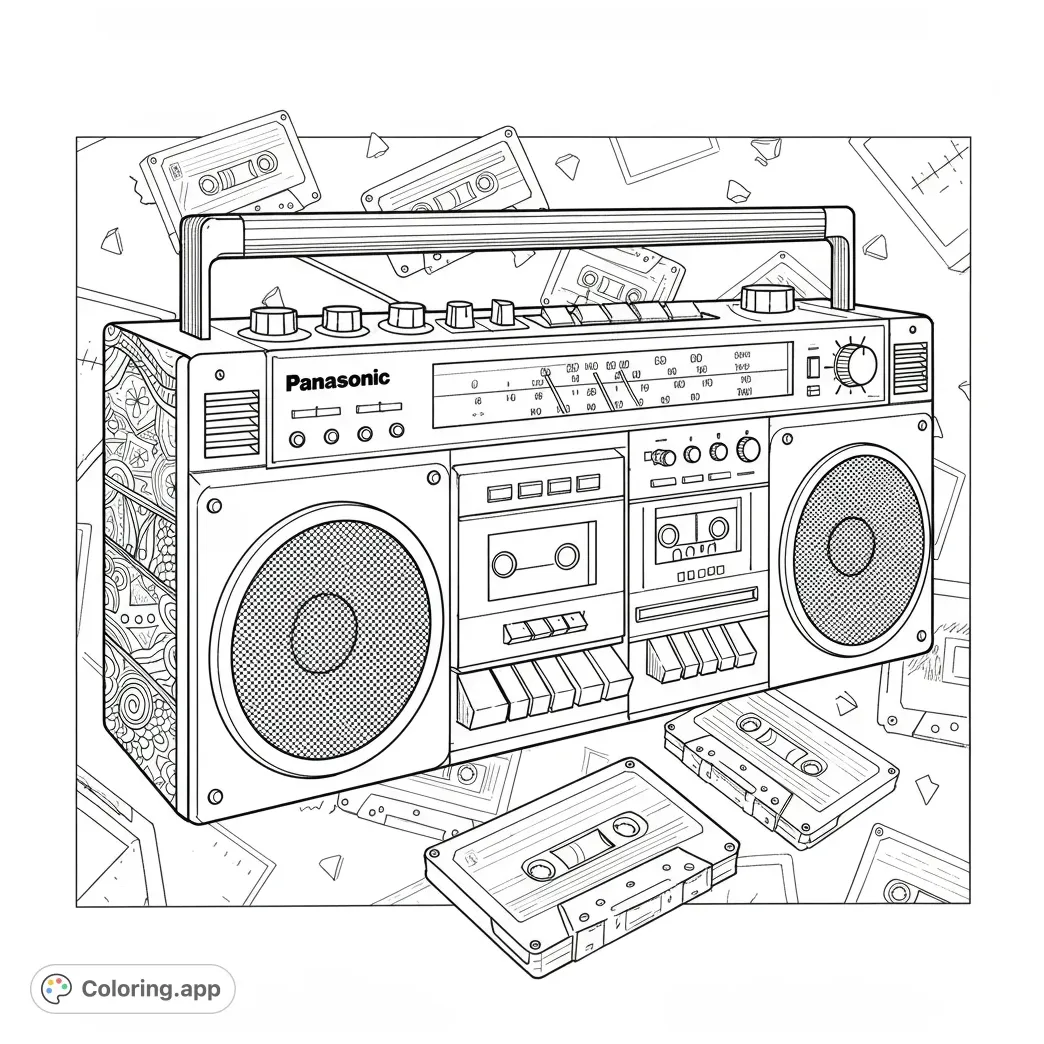 Retro boombox and cassettes coloring.app