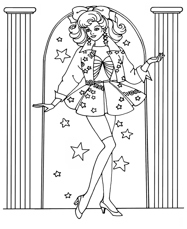 Retro coloring page for girls presenting Barbie