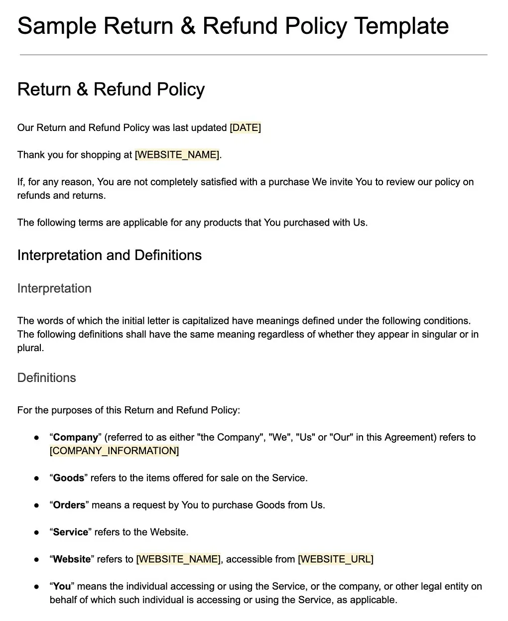 Return & Refund Policy Template - TermsFeed