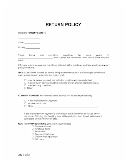 Free Return Policy Template | Download PDF | Lawrina