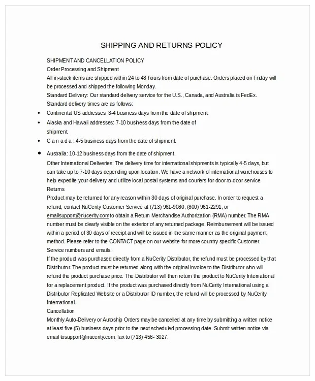 Return Policy Template Word – Peterainsworth