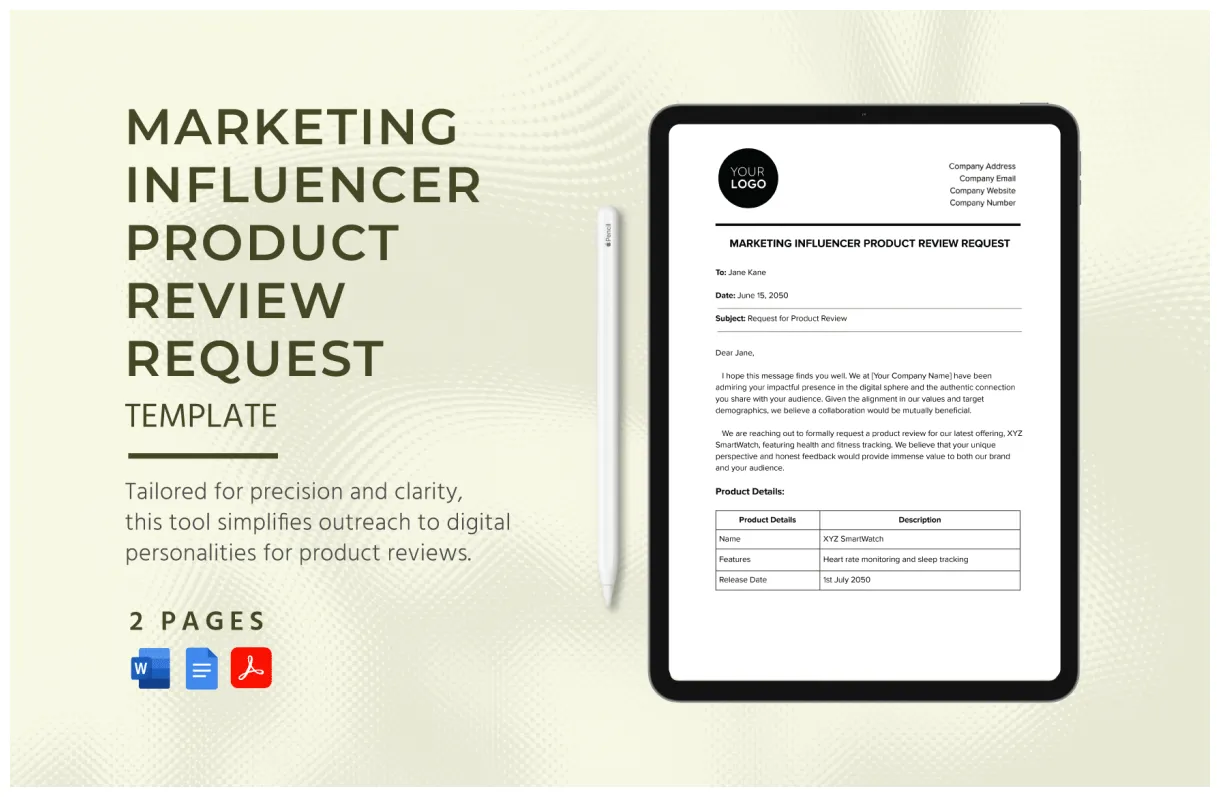 Marketing influencer product in word, pdf