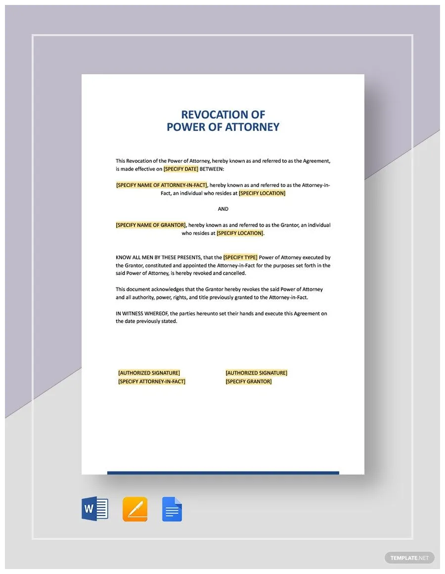 Revocation of Power of Attorney Template in Google Docs, Pages, Word