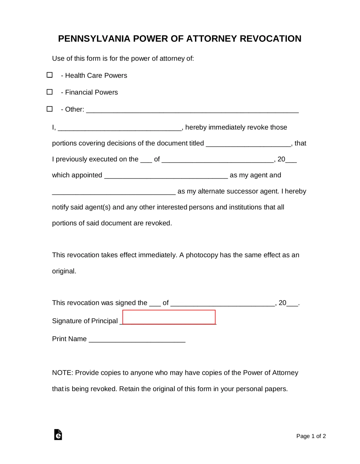 Free Pennsylvania Revocation of Power of Attorney Form - PDF | Word