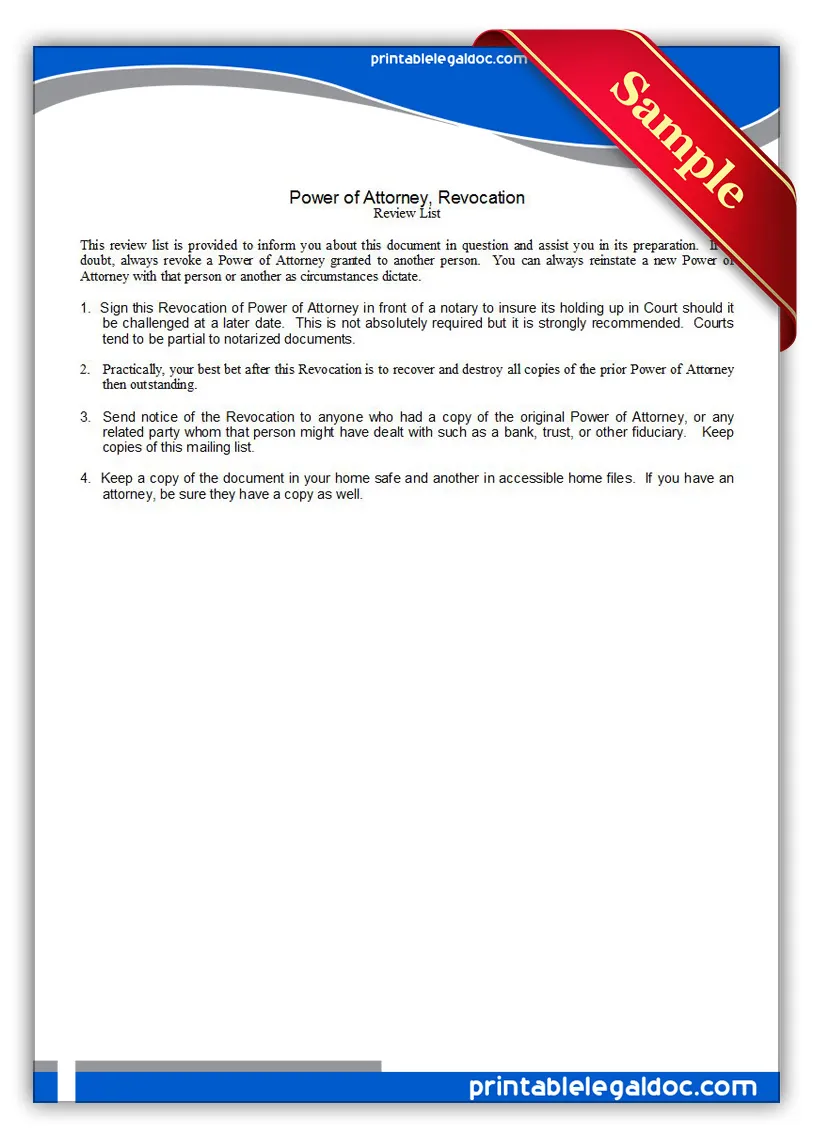 Free printable power of attorney, revocation form generic